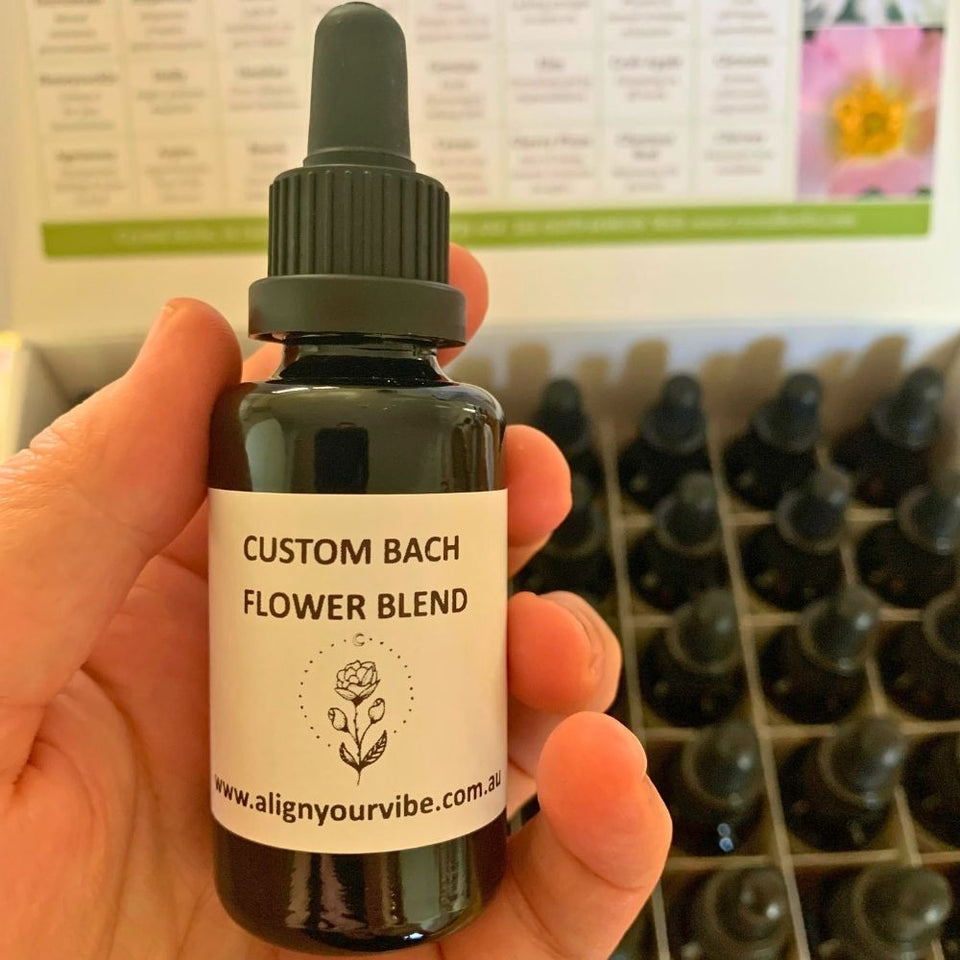 30ml dropper bottle of Custom Bach Flower Remedy Blend from Align Your Vibe, personalised natural support for emotional balance and wellbeing